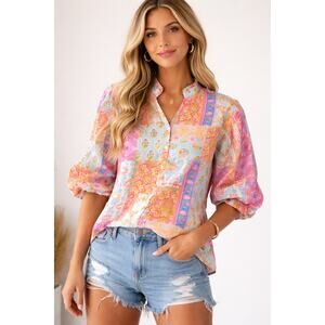 Fate Los Angeles Boho Patchwork Floral Blouse Size M